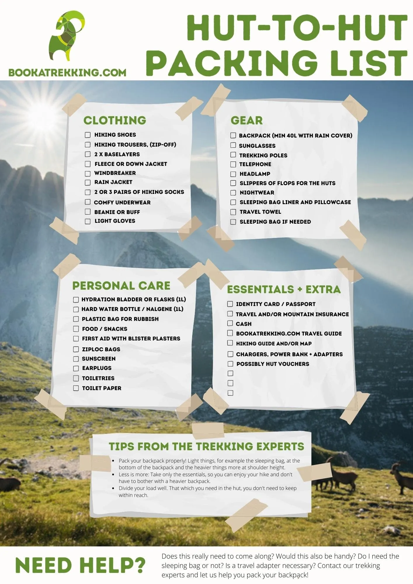 Skriv ut pakkelisten vår for din hytte-til-hytte-tur